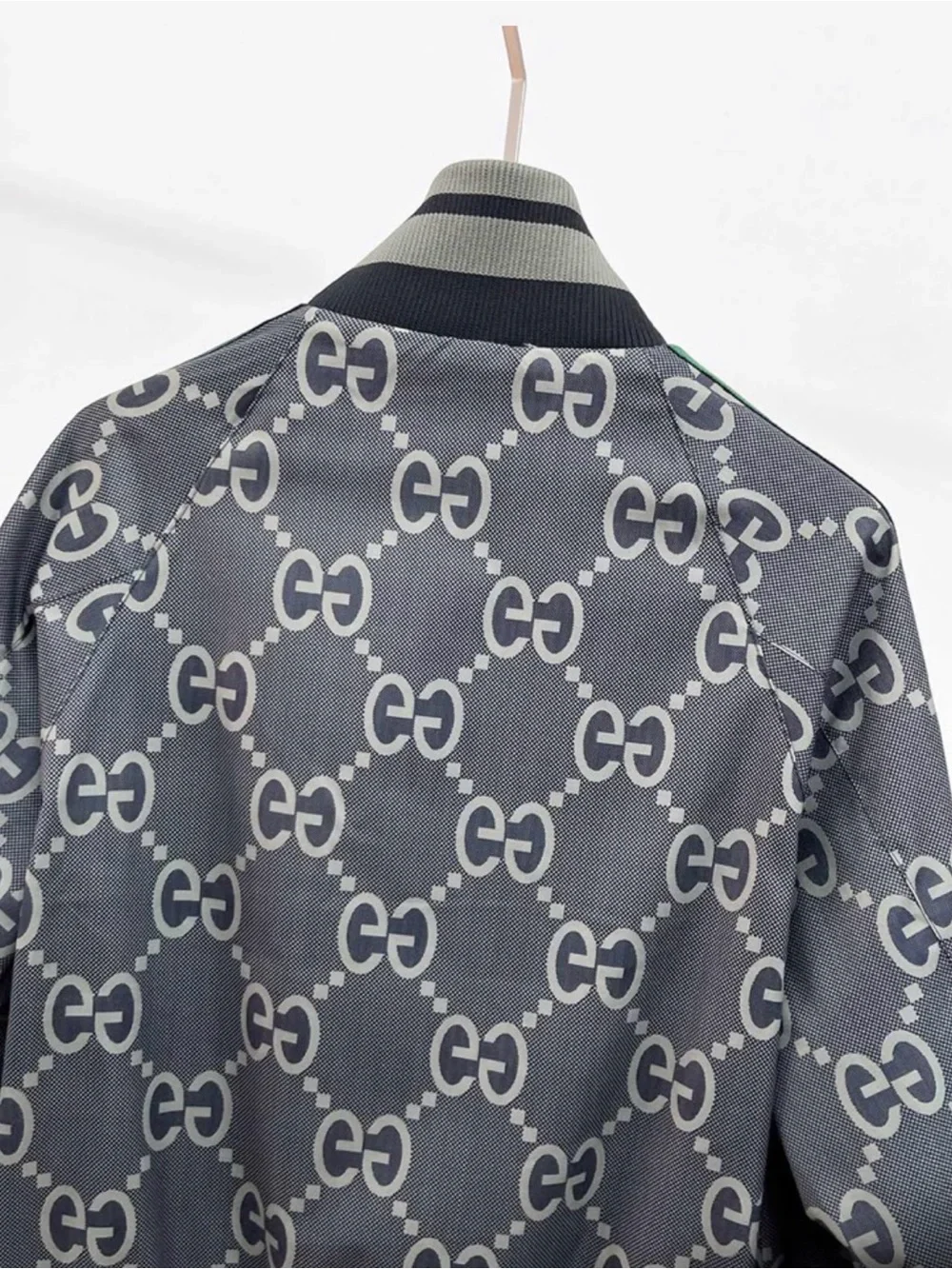 Gucci Gray GG Monogram Bomber Jacket with Green-Red Stripe